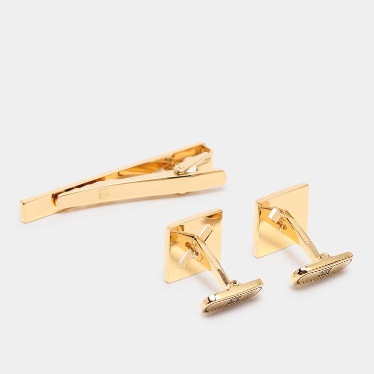 مملوكة مسبقًا Givenchy  Two Tone Hardware Chain Detail Tie Clip Bar and Cufflinks 