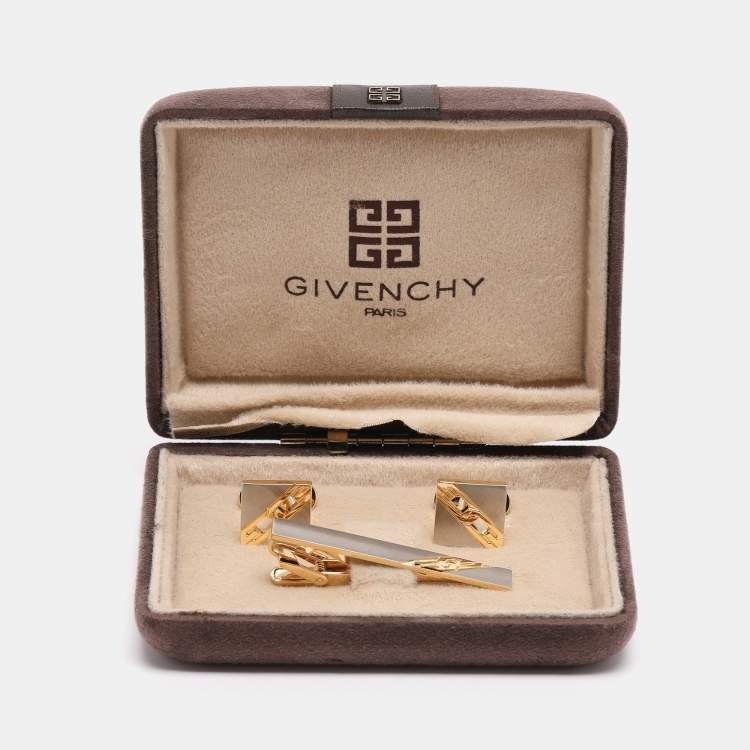 مملوكة مسبقًا Givenchy  Two Tone Hardware Chain Detail Tie Clip Bar and Cufflinks 