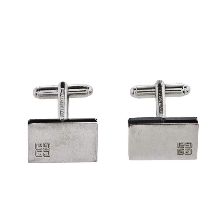 Pre Owned Givenchy Silver Tone Crystal Embedded Rectangle Cufflinks
