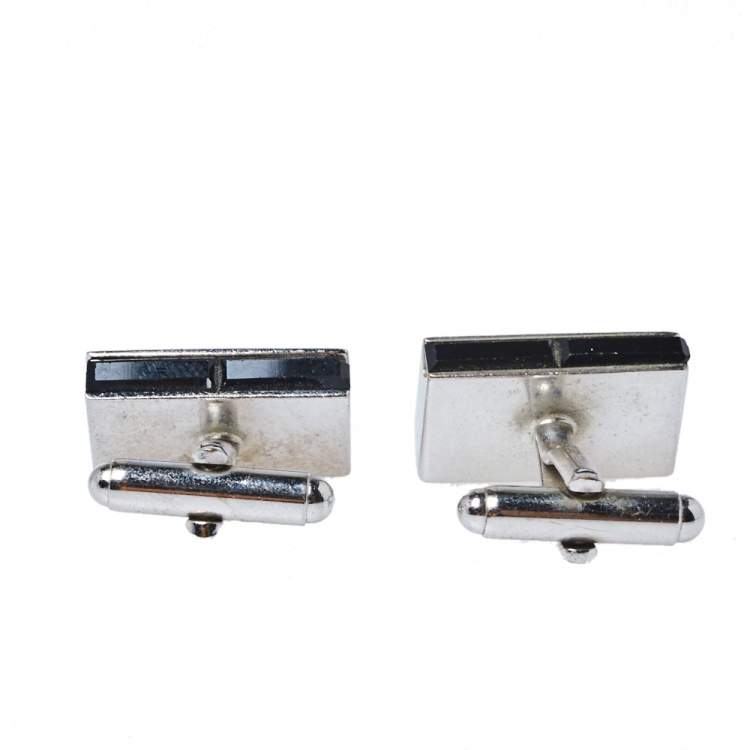 Pre Owned Givenchy Silver Tone Crystal Embedded Rectangle Cufflinks