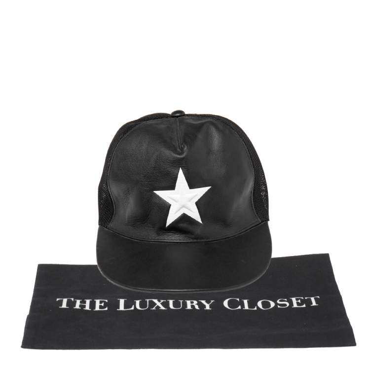 Pre Owned Givenchy Black Leather & Mesh Star Detail Baseball Cap S