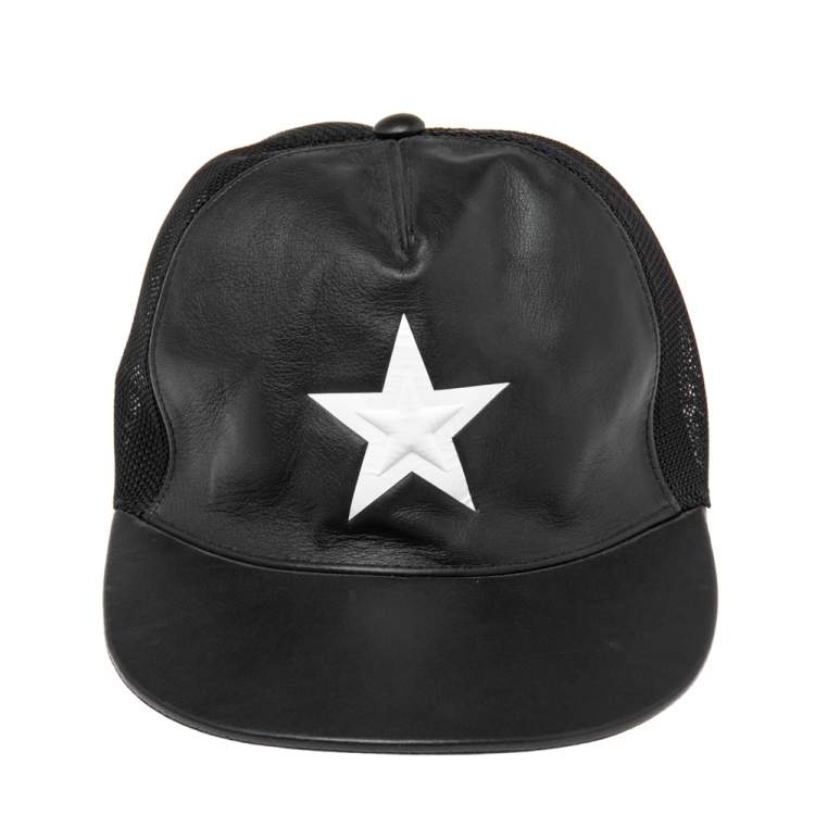 Givenchy Black Leather & Mesh Star Detail Baseball Cap S Givenchy