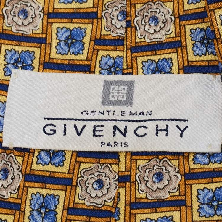 Pre Owned Givenchy Vintage Yellow & Blue Floral Motif Silk Tie