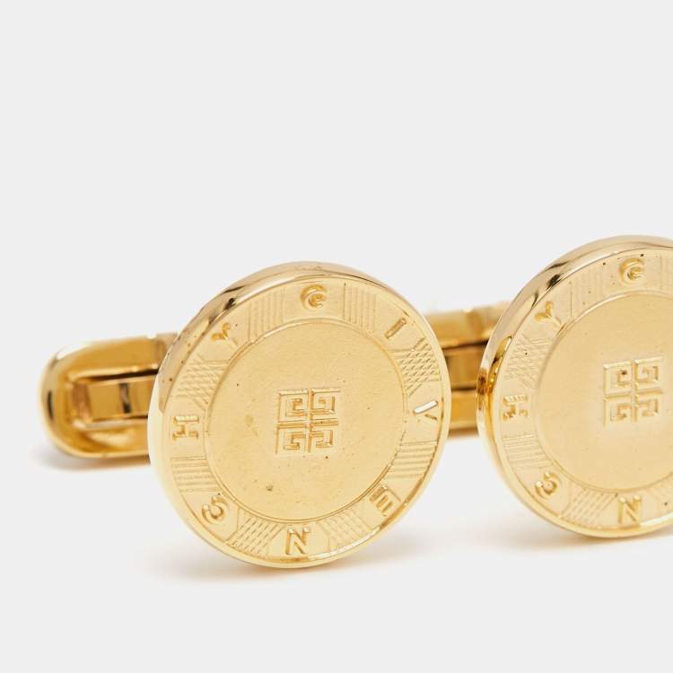 Pre Owned Givenchy Gold Tone Logo Round Cufflinks