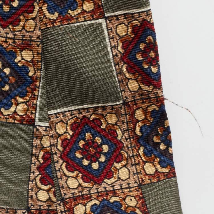 Pre Owned Givenchy Vintage Olive Green Check Motif Silk Tie