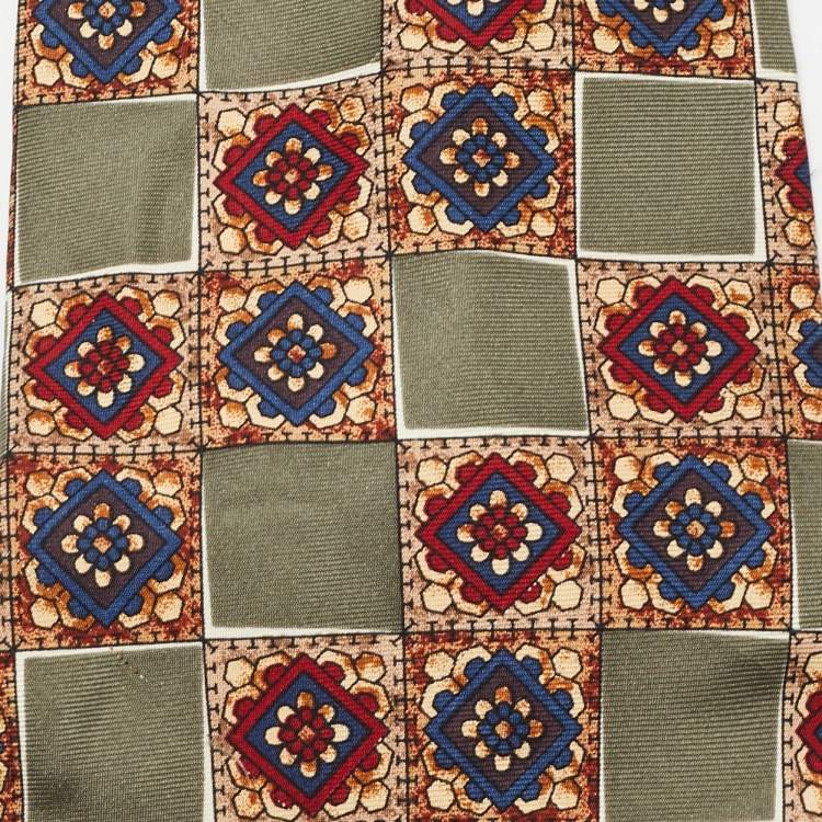 Pre Owned Givenchy Vintage Olive Green Check Motif Silk Tie