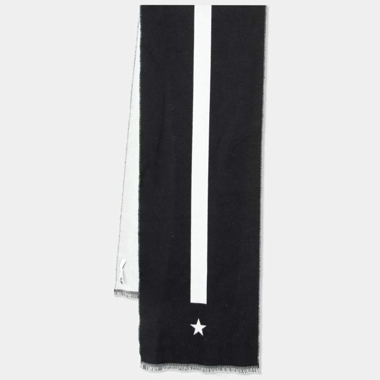 Pre Owned Givenchy White & Black Star Striped Wool Reversible Scarf