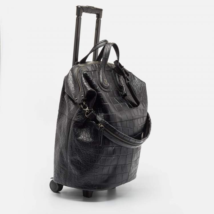 Pre Owned Givenchy Black Croc Embossed Leather Nightingale Trolley Luggage