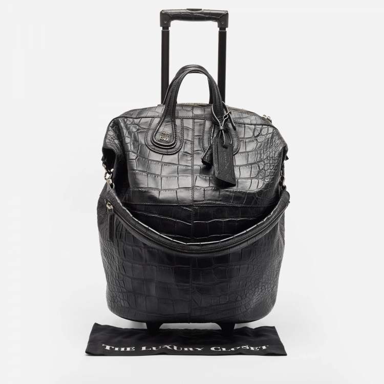 Pre Owned Givenchy Black Croc Embossed Leather Nightingale Trolley Luggage