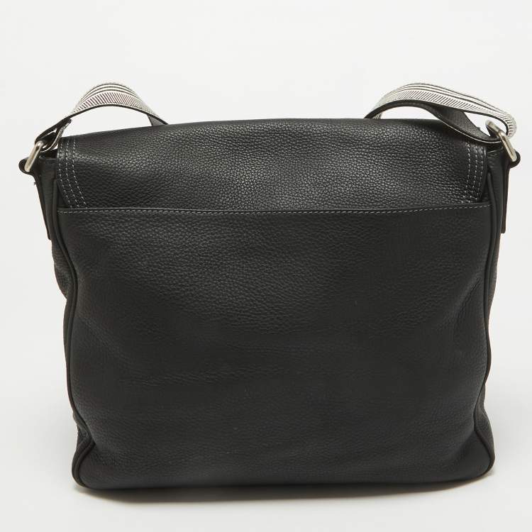Pre Owned Givenchy Black Leather Logo Embossed Flap Messenger Bag