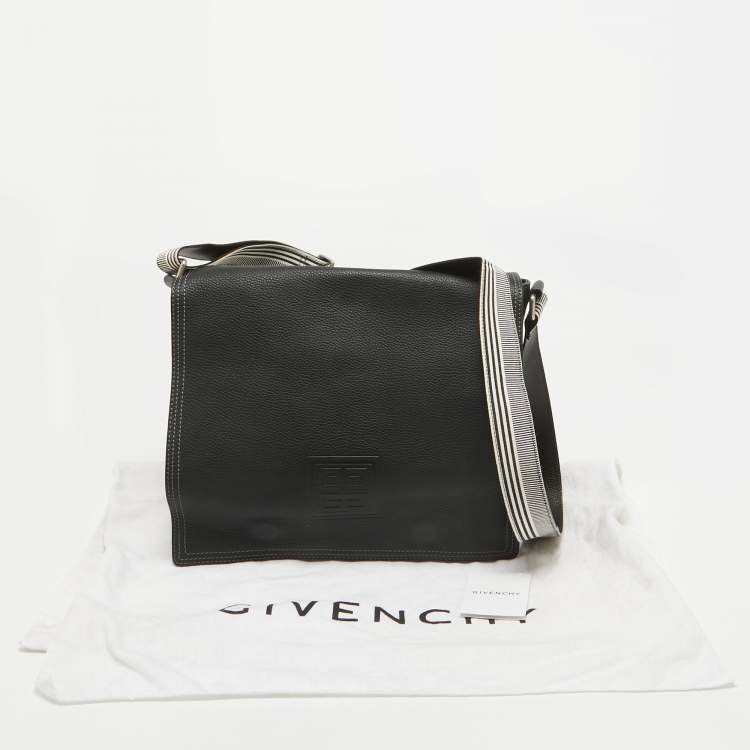 Pre Owned Givenchy Black Leather Logo Embossed Flap Messenger Bag