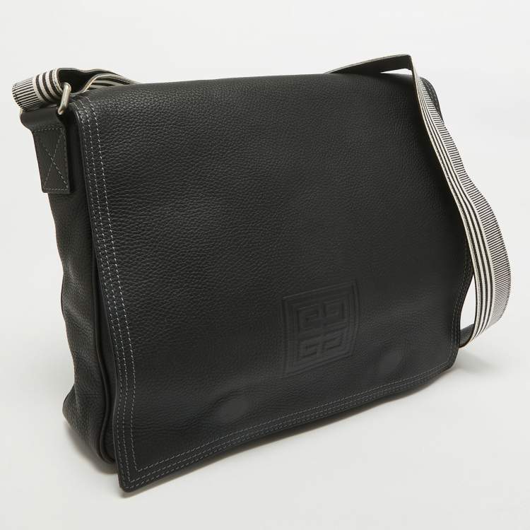 Pre Owned Givenchy Black Leather Logo Embossed Flap Messenger Bag