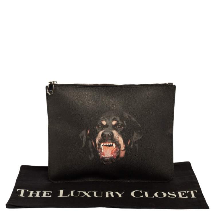 Pre Owned Givenchy Black Rottweiler Printed Leather Zip Pouch