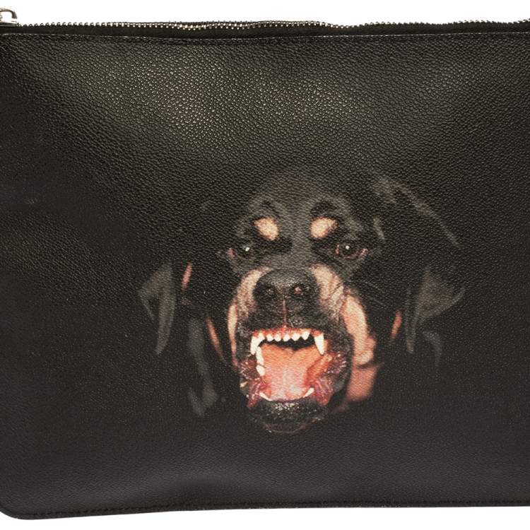 Pre Owned Givenchy Black Rottweiler Printed Leather Zip Pouch