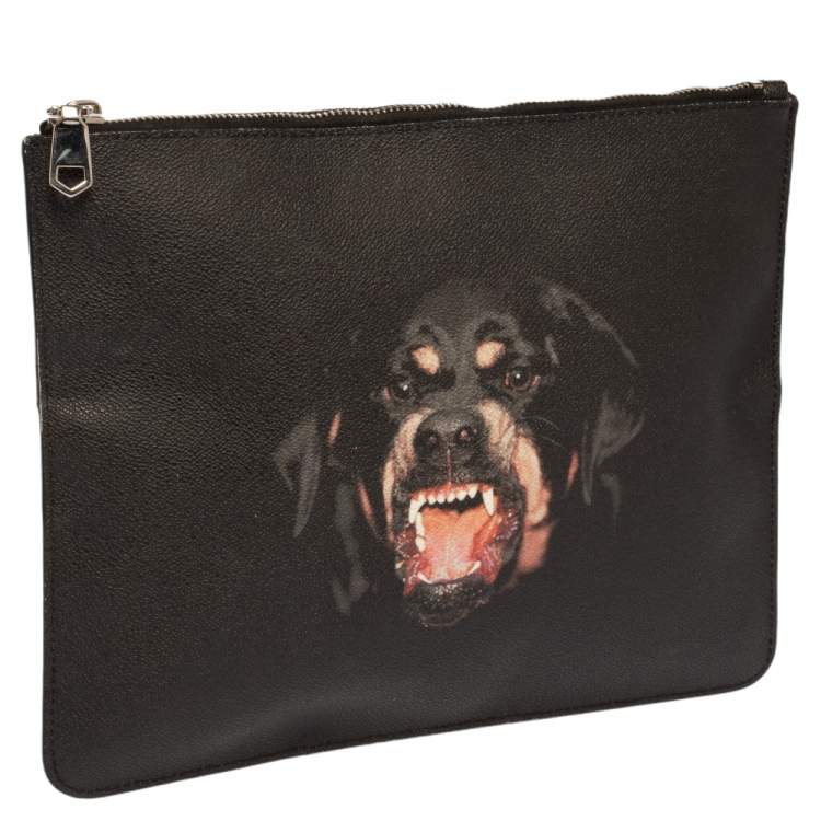 Pre Owned Givenchy Black Rottweiler Printed Leather Zip Pouch