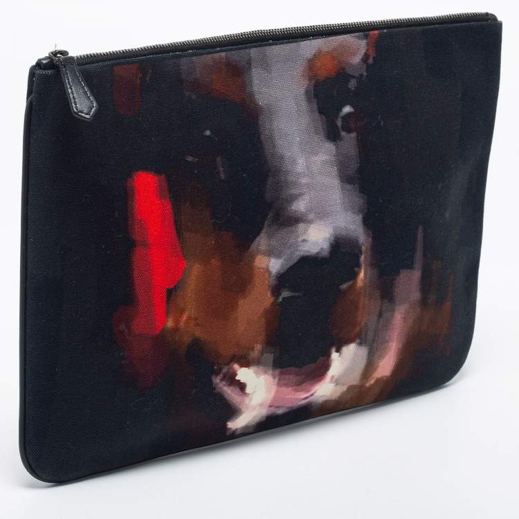 Pre Owned Givenchy Black Rottweiler Face Canvas and Leather Clutch