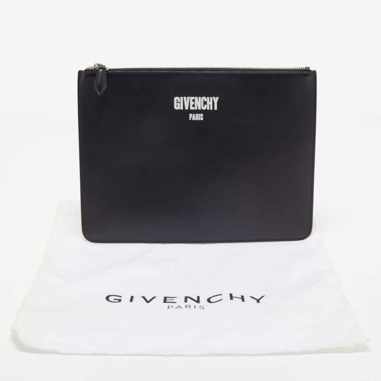 Pre Owned Givenchy Black Leather Logo Flat Zip Pouch