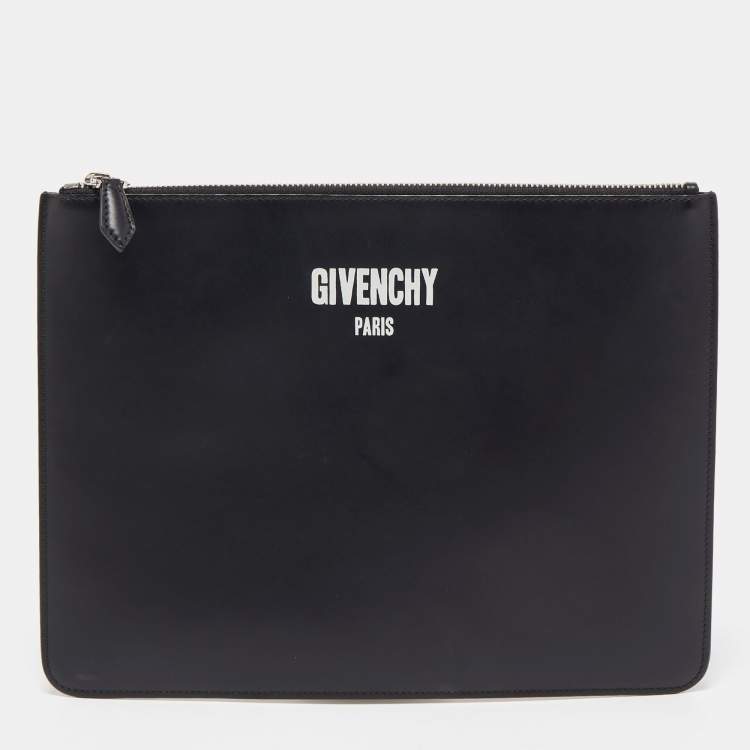 Pre Owned Givenchy Black Leather Logo Flat Zip Pouch