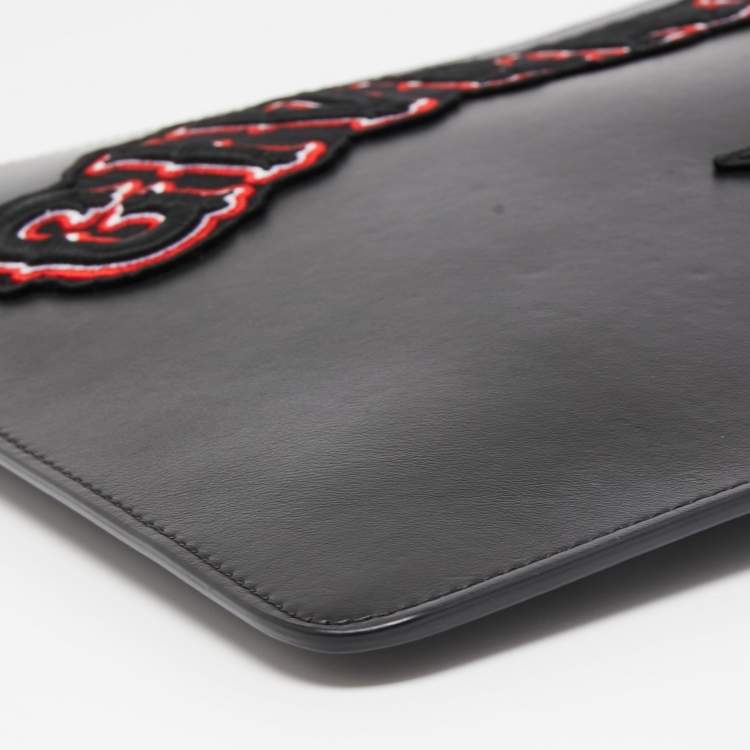 Pre Owned Givenchy Black Leather Embroidered Zip Pouch