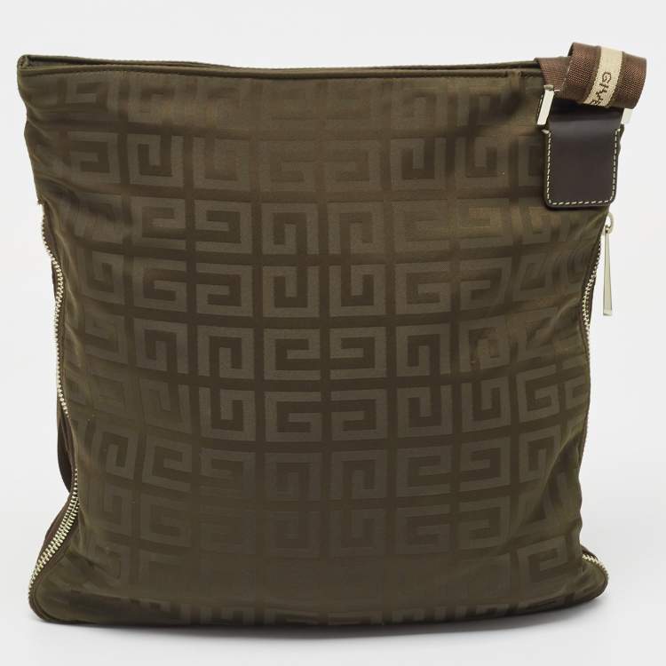 Pre Owned Givenchy Brown/Olive Green Signature Nylon Zip Around Messenger Bag