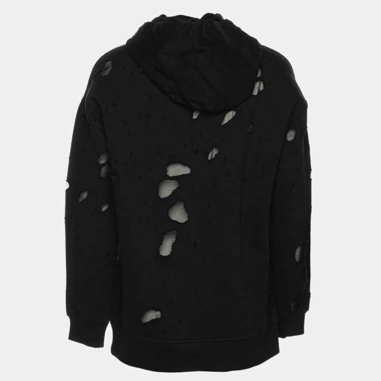 Pre Owned Givenchy Black Distressed Cotton & Mesh Inset Logo Printed Hooded Sweatshirt S