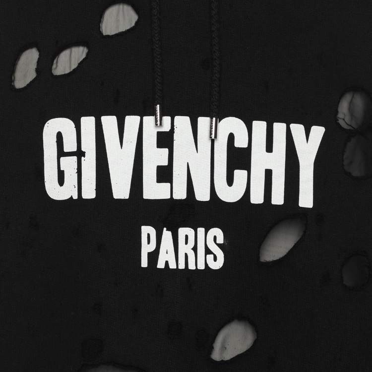 Pre Owned Givenchy Black Distressed Cotton & Mesh Inset Logo Printed Hooded Sweatshirt S