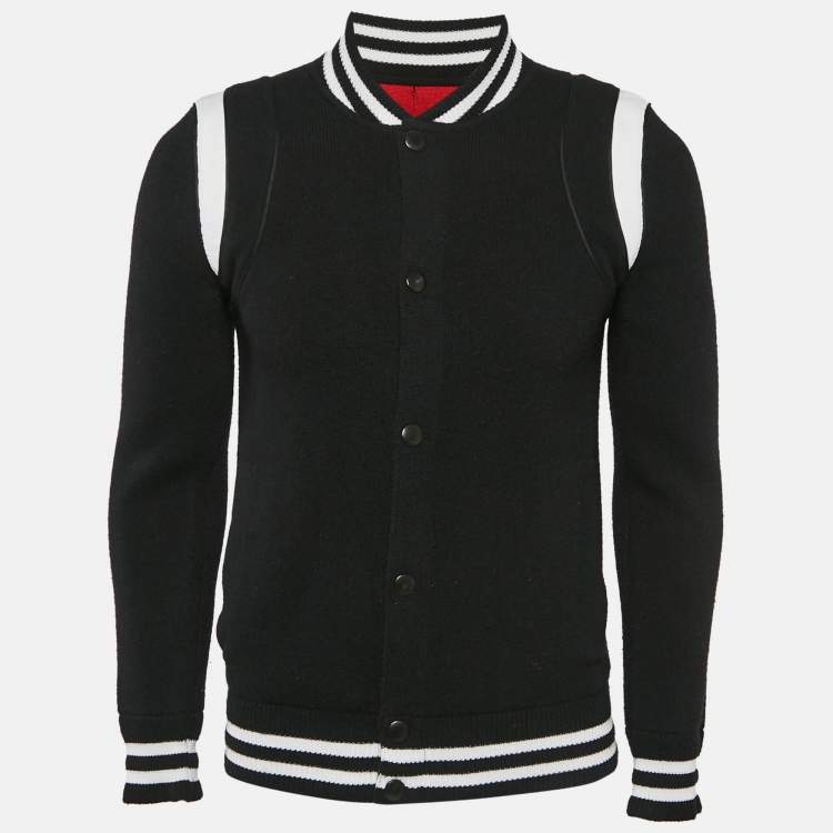 Pre Owned Givenchy Black Logo Intarsia Back Wool Knit Bomber Jacket S