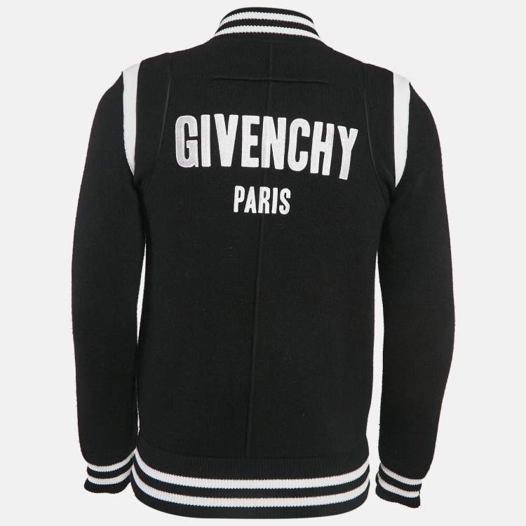 Pre Owned Givenchy Black Logo Intarsia Back Wool Knit Bomber Jacket S