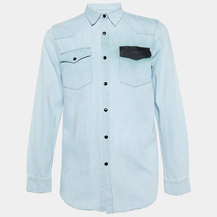 Pre Owned Givenchy Light Blue Denim Leather Trim Detail Shirt M