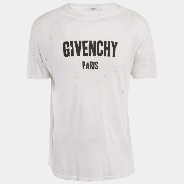 Pre Owned Givenchy White Logo Printed Cotton Distressed T-Shirt S