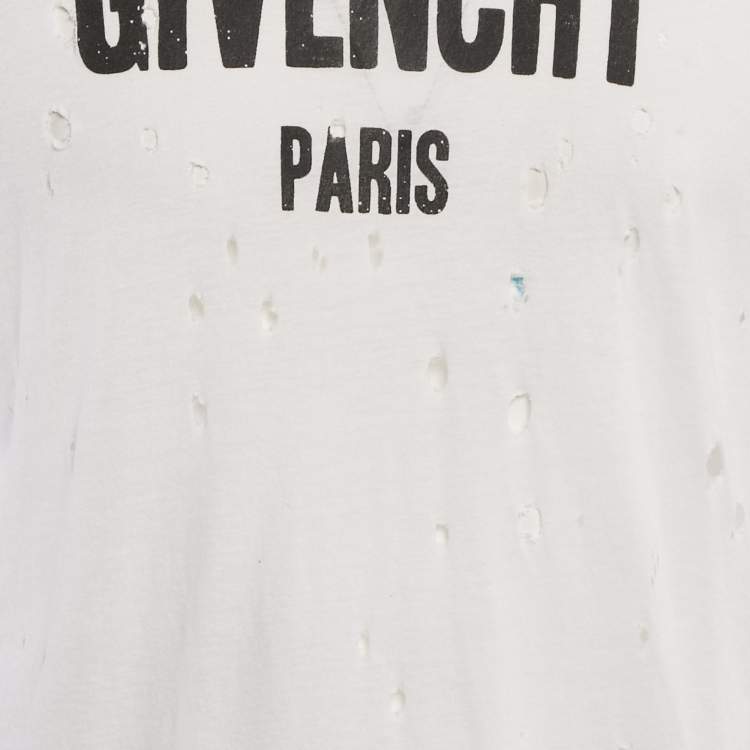 Pre Owned Givenchy White Logo Printed Cotton Distressed T-Shirt S