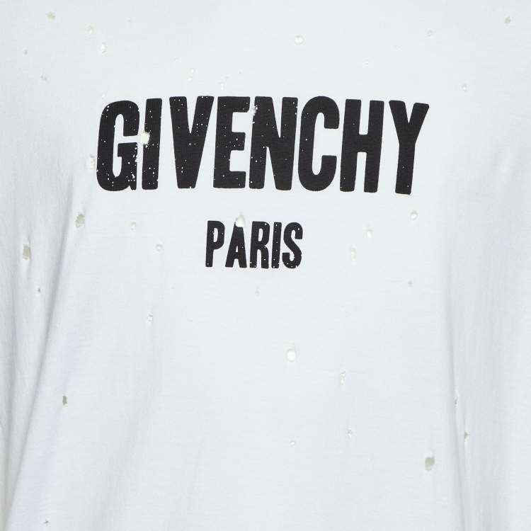 Pre Owned Givenchy White Logo Print Cotton Distressed T-Shirt L