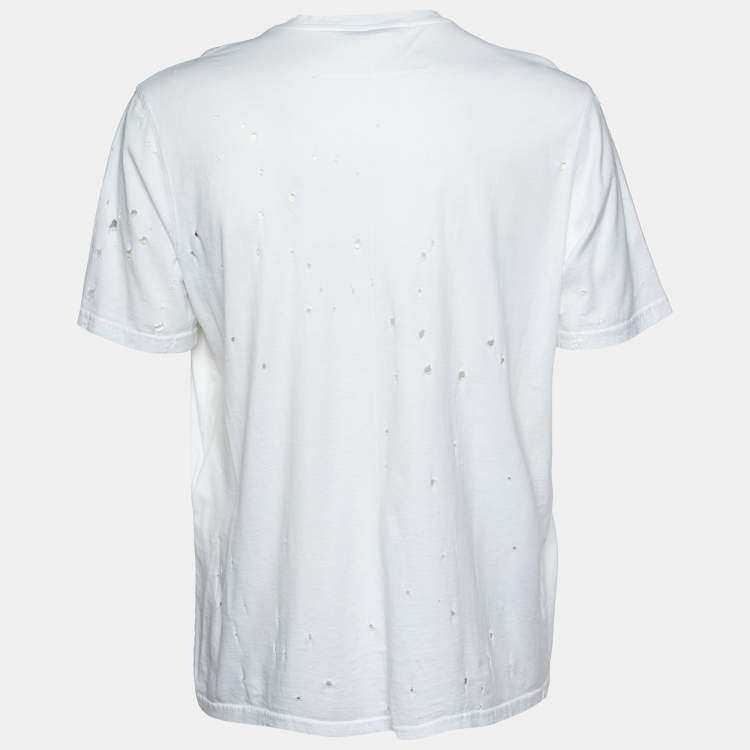Pre Owned Givenchy White Logo Print Cotton Distressed T-Shirt L