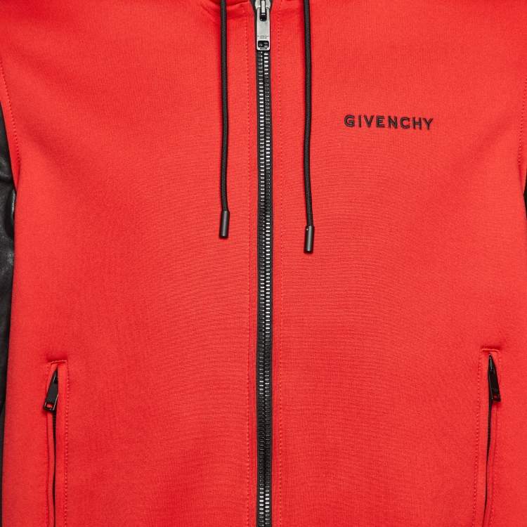 Pre Owned Givenchy Red Jersey & Leather Zip Up Hooded Jacket L