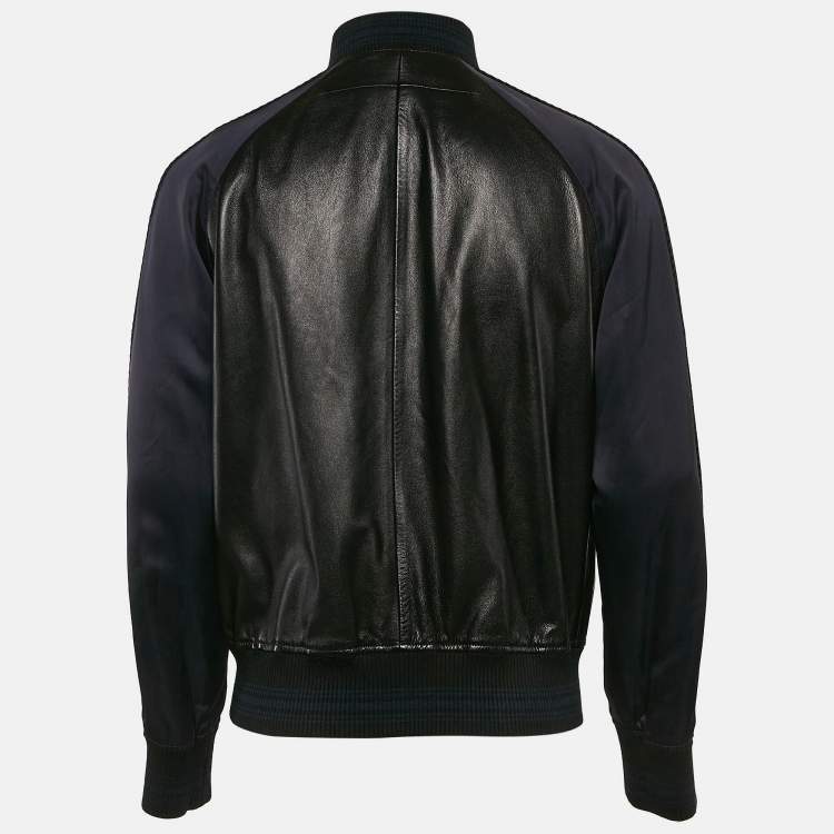 Pre Owned Givenchy Black/Blue Leather and Satin Bomber Jacket XL