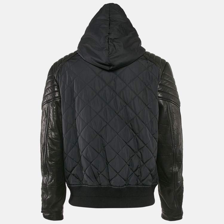 Pre Owned Givenchy Black Nylon and Leather Zip Up Hooded Jacket XL