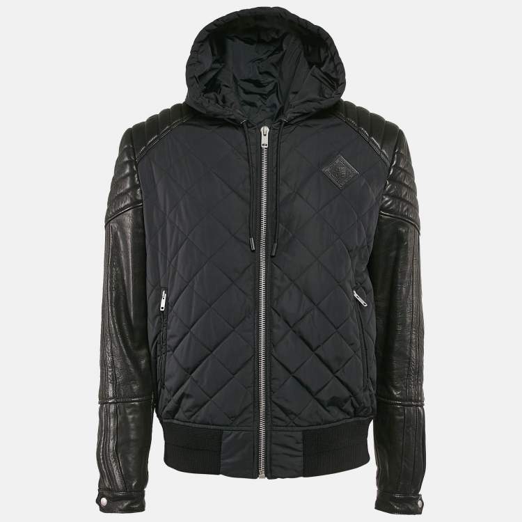 Pre Owned Givenchy Black Nylon and Leather Zip Up Hooded Jacket XL