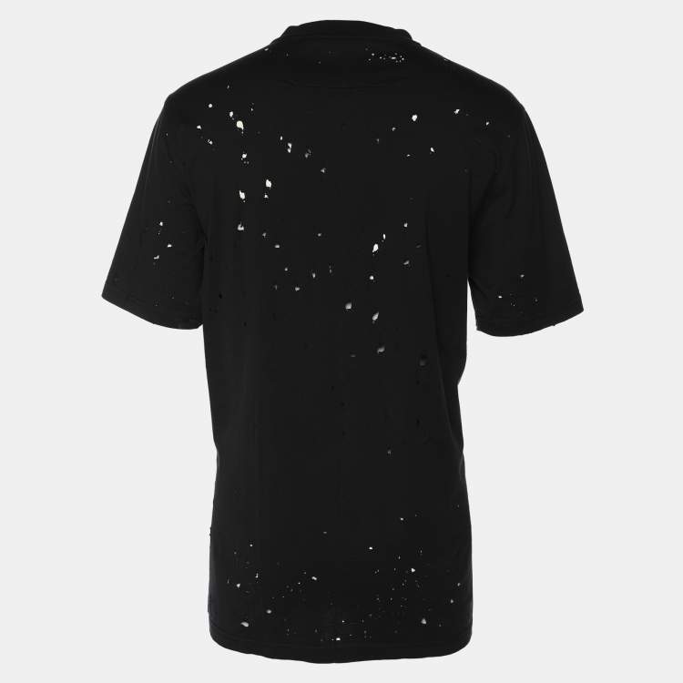 Pre Owned Givenchy Black Cotton Logo Print Ripped Details T-Shirt M