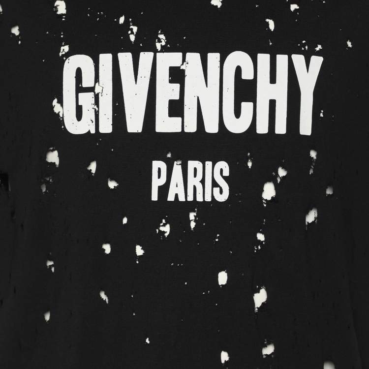Pre Owned Givenchy Black Cotton Logo Print Ripped Details T-Shirt M