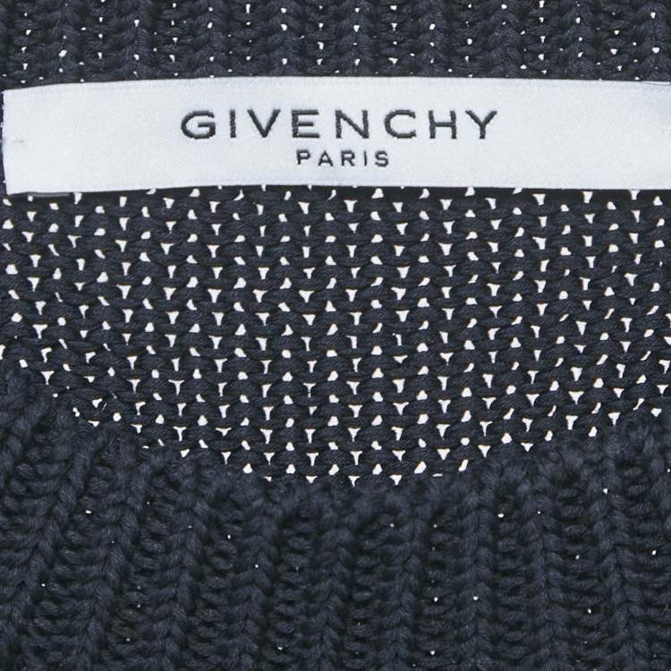 Pre Owned Givenchy Navy Blue Logo Intarsia Rib Knit Crew Neck Sweatshirt M