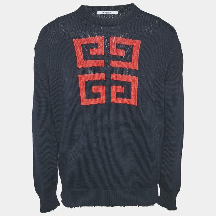 Pre Owned Givenchy Navy Blue Logo Intarsia Rib Knit Crew Neck Sweatshirt M