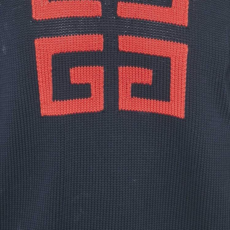Pre Owned Givenchy Navy Blue Logo Intarsia Rib Knit Crew Neck Sweatshirt M