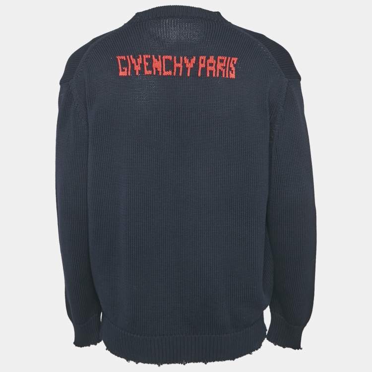 Pre Owned Givenchy Navy Blue Logo Intarsia Rib Knit Crew Neck Sweatshirt M