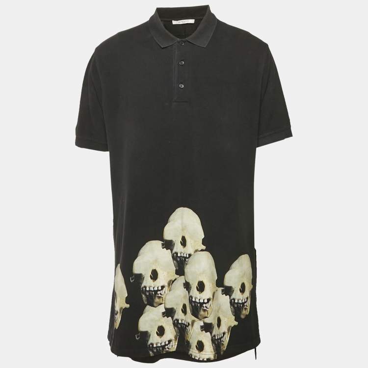 Pre Owned Givenchy Black Skull Printed Cotton Pique Polo T-Shirt XL