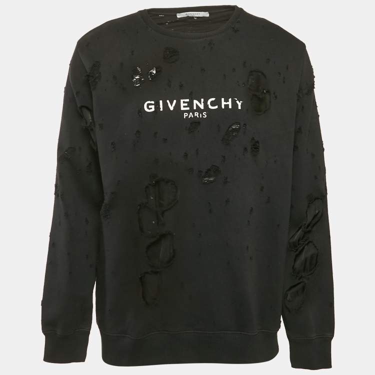 Pre Owned Givenchy Black Logo Print Cotton Knit Distressed Sweatshirt M