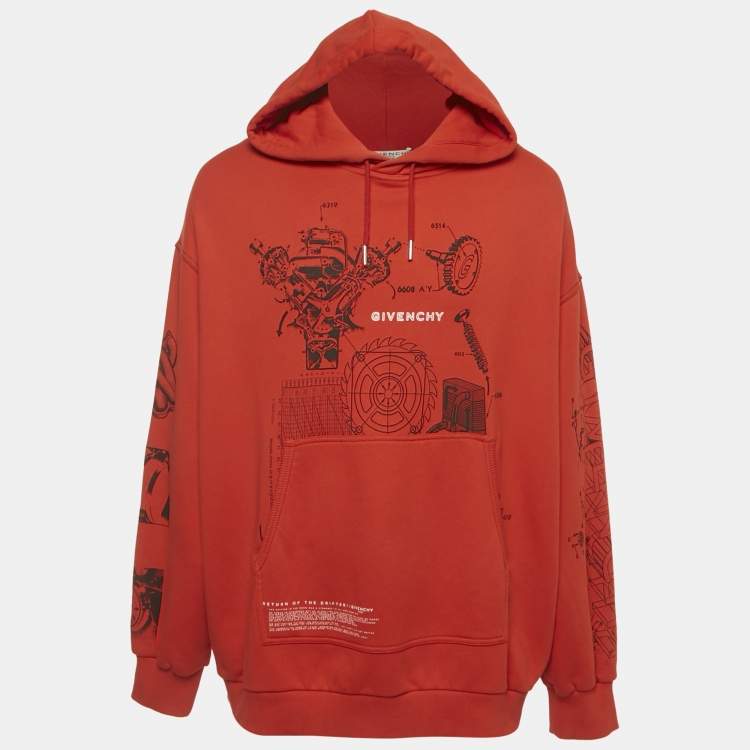 Pre Owned  Givenchy Red Drifter Return Print Cotton Knit Oversized Hoodie L 