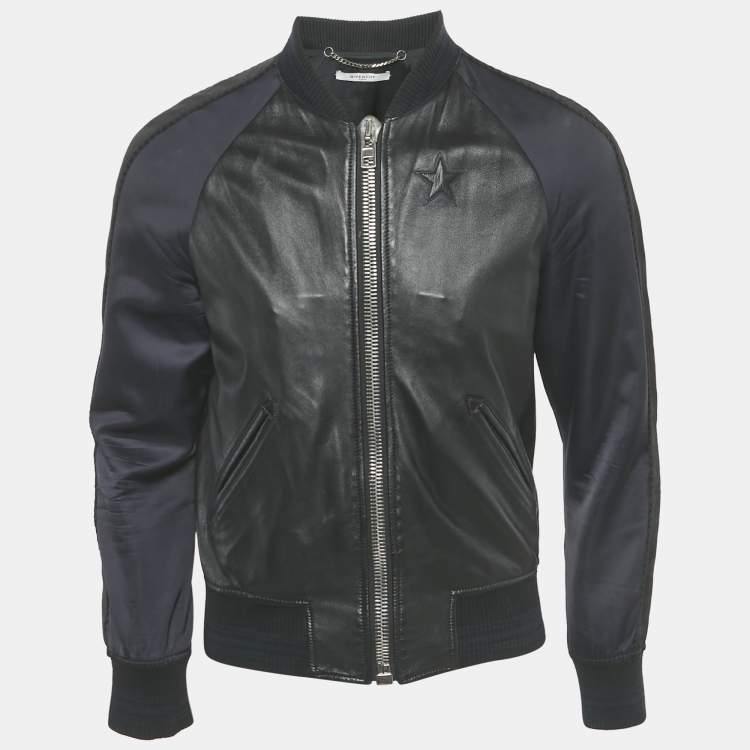 Pre Owned Givenchy Black/Blue Leather and Satin Stadium Bomber Jacket S