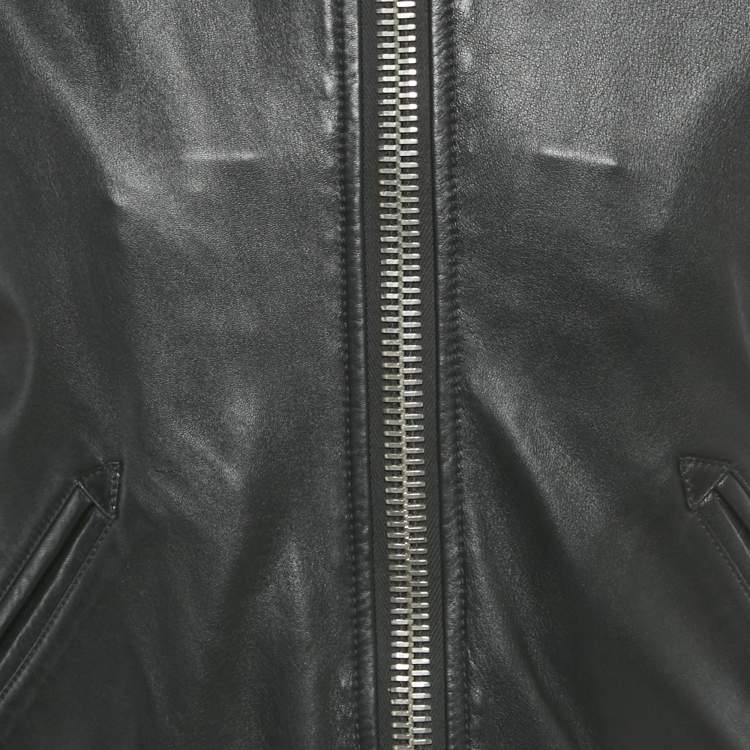 Pre Owned Givenchy Black/Blue Leather and Satin Stadium Bomber Jacket S