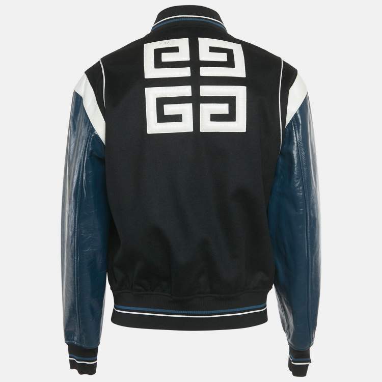 Pre Owned Givenchy Black /Teal Wool &Leather Logo Detail Bomber Jacket XL