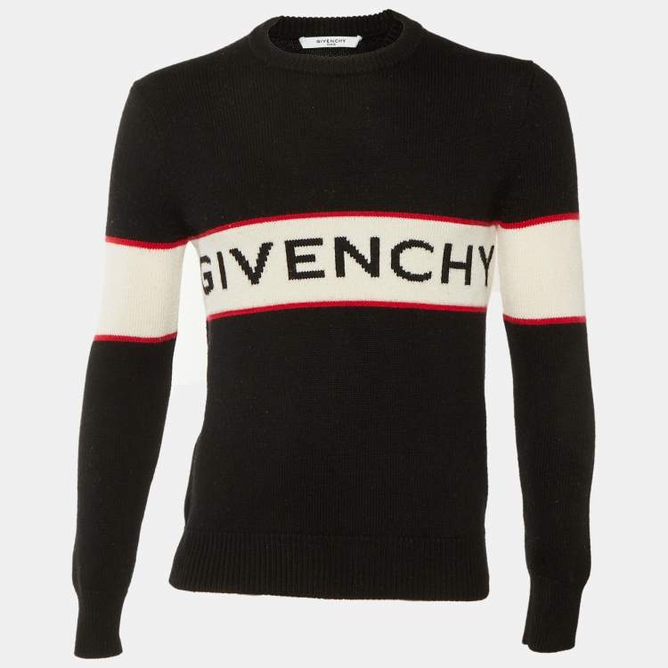 Pre Owned Givenchy Black Logo Intarsia Wool Crew Neck Sweater XS